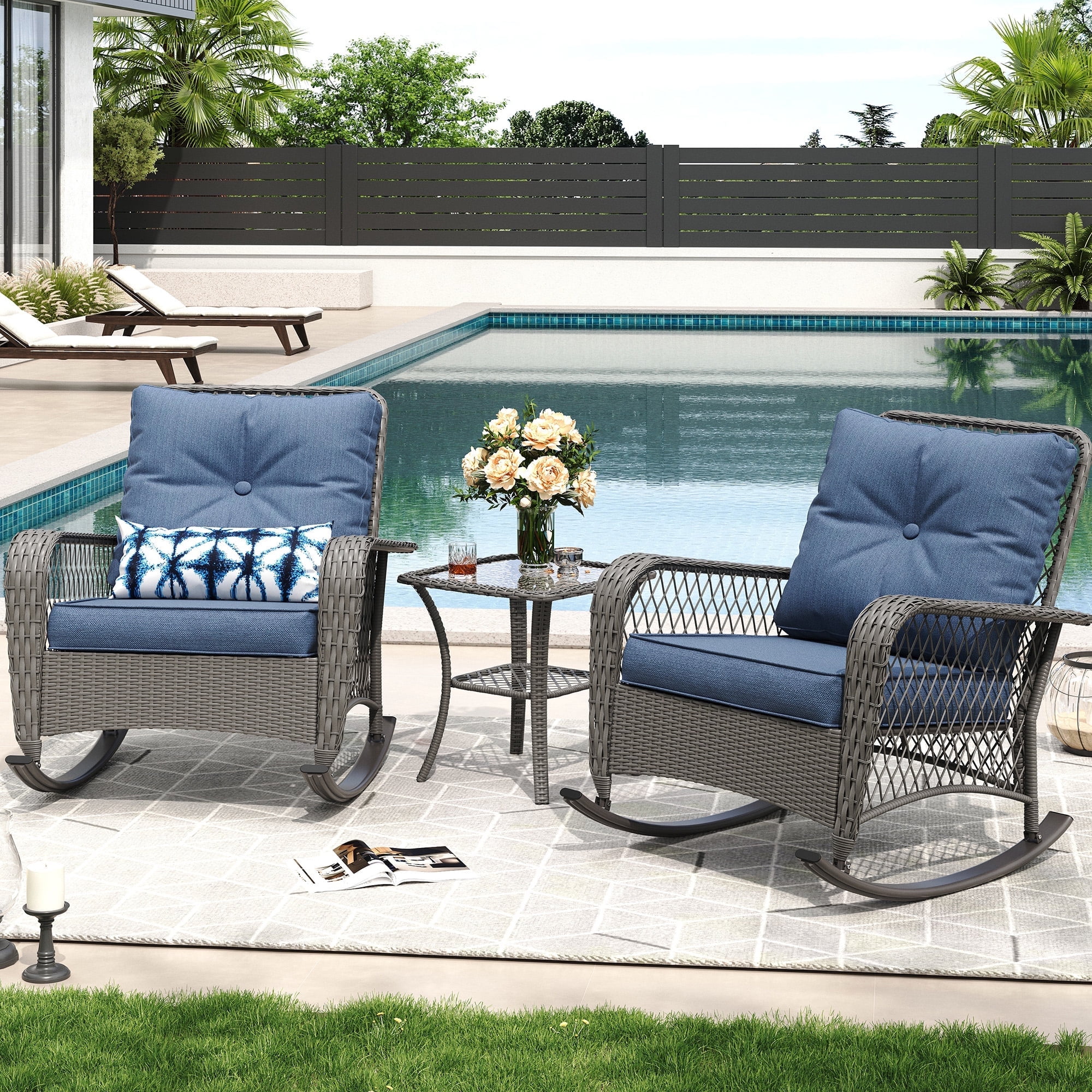 MRUAKA Outdoor Rocking Chairs Set of 3, Wicker Patio Furniture with Thickened Cushions and Table for Porch，350lbs Weight Capacity(Blue)