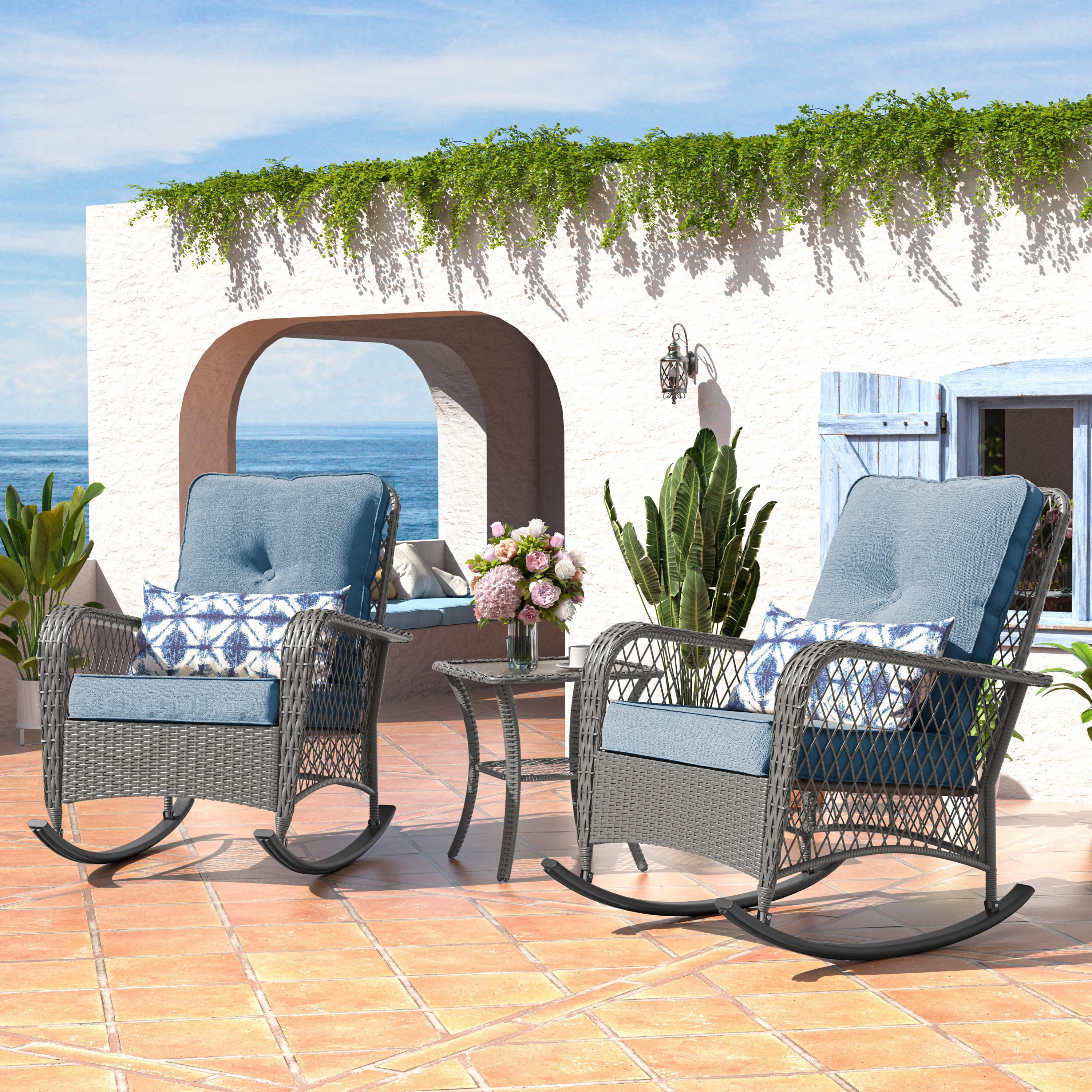 ECOPATIO Outdoor Rocking Chairs Set of 3, Wicker Patio Furniture with ...