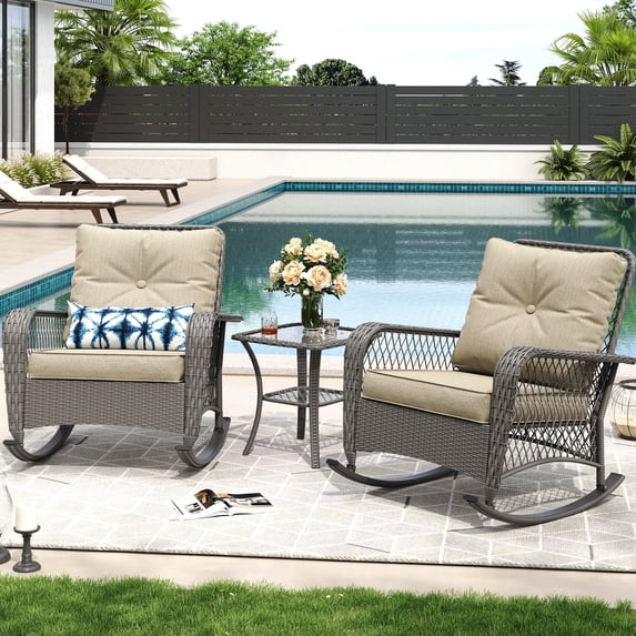 MRUAKA Outdoor Rocking Chairs Set of 3, Wicker Patio Furniture with Thickened Cushions and Table for Porch,350lbs Weight Capacity(Gray & Off-white)