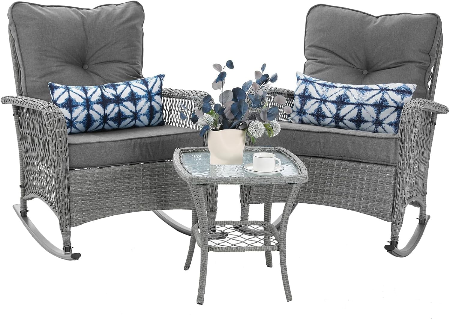 ECOPATIO Outdoor Rockers Set, Wicker Patio Furniture with Cushions for Balcony, Porch, 350lbs Capacity (Gray)