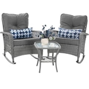 MRUAKA Outdoor Rocking Chairs Set of 3, Wicker Patio Furniture with Thickened Cushions and Table for Porch，350lbs Weight Capacity(Gray)