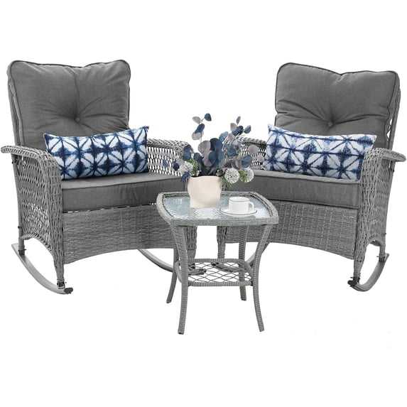 MRUAKA Outdoor Rocking Chairs Set of 3, Wicker Patio Furniture with Thickened Cushions and Table for Porch,350lbs Weight Capacity(Gray)