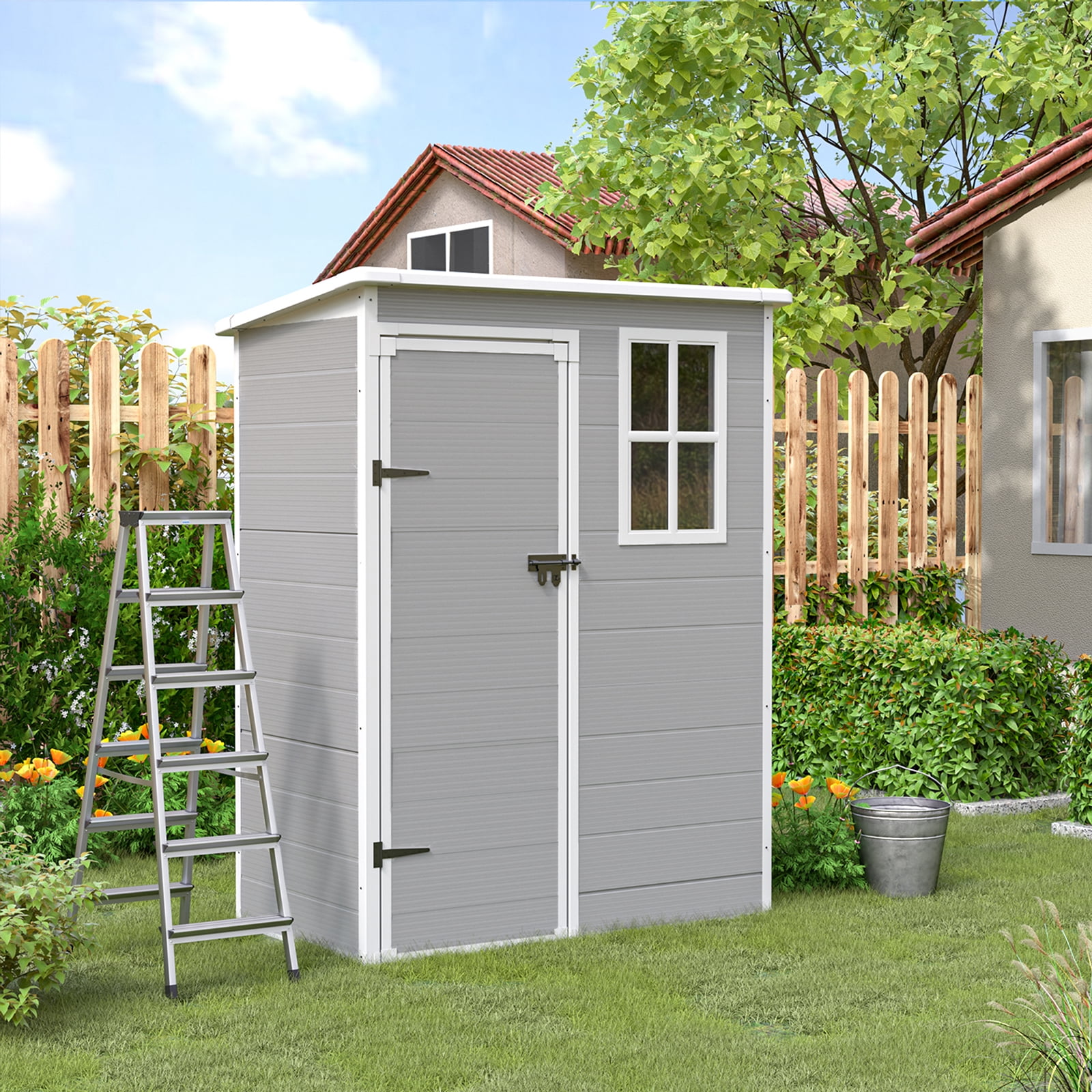 Gray and White Resin Outdoor Storage Shed with Windows