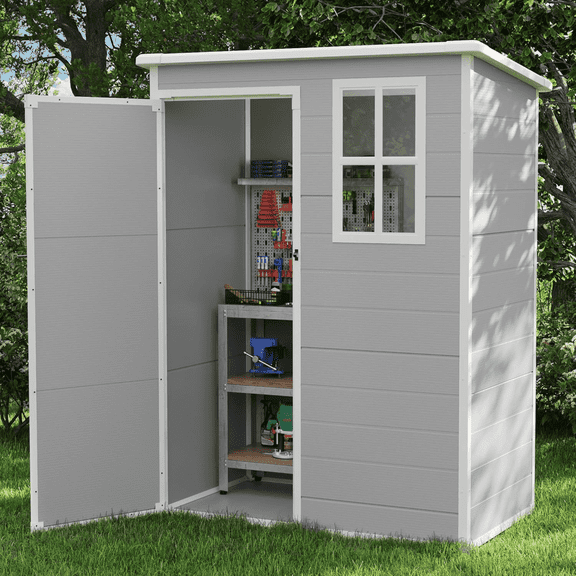 MRUAKA Outdoor Storage Shed 5x3 FT, Resin Garden Shed for Bike, Tool, Plastic Outside Sheds & Outdoor Storage Storage Box with Lockable Door for Backyard, Patio, Lawn, Sandstone