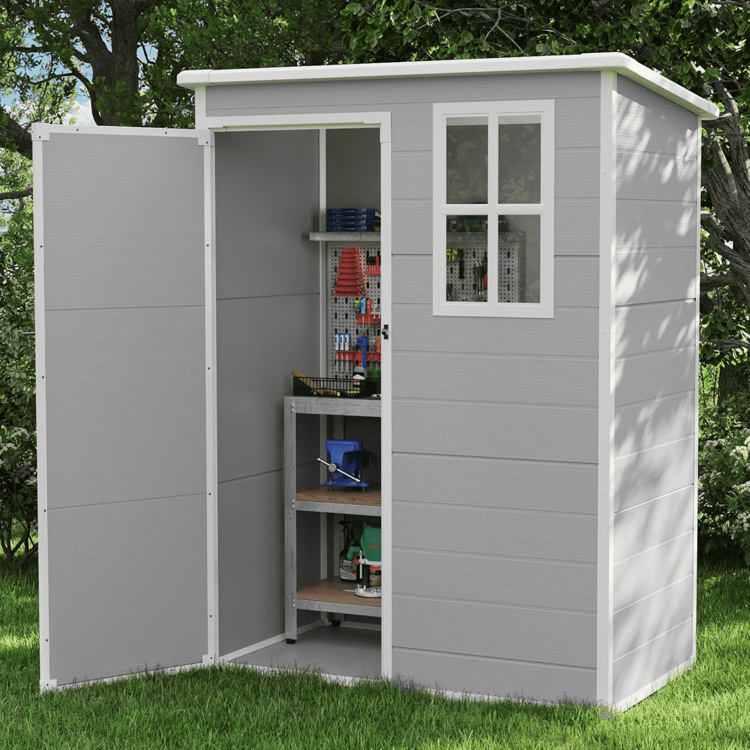 Gray and White Resin Outdoor Storage Shed with Windows