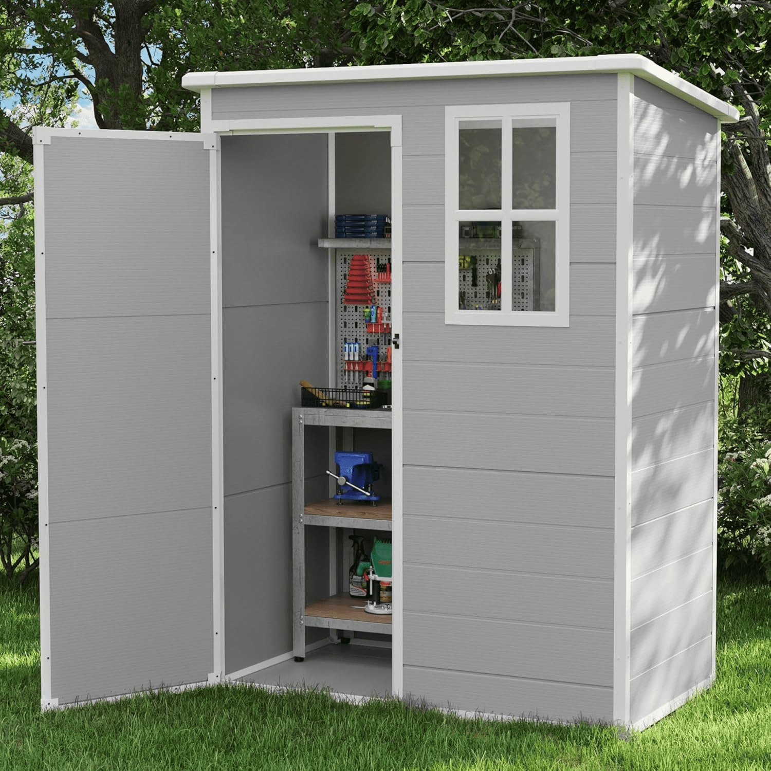 Gray and White Resin Outdoor Storage Shed with Windows