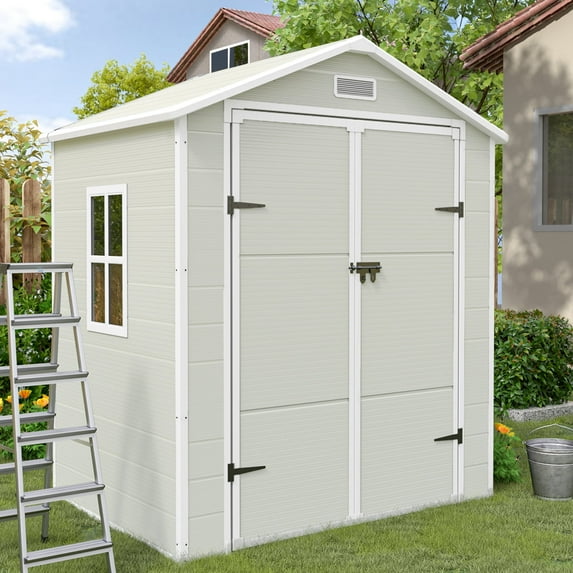 MRUAKA Outdoor Storage Shed 6x4 FT, Resin Garden Shed for Bike, Tool, Plastic Outside Sheds & Outdoor Storage Storage Box with Lockable Door for Backyard, Patio, Lawn, Sandstone