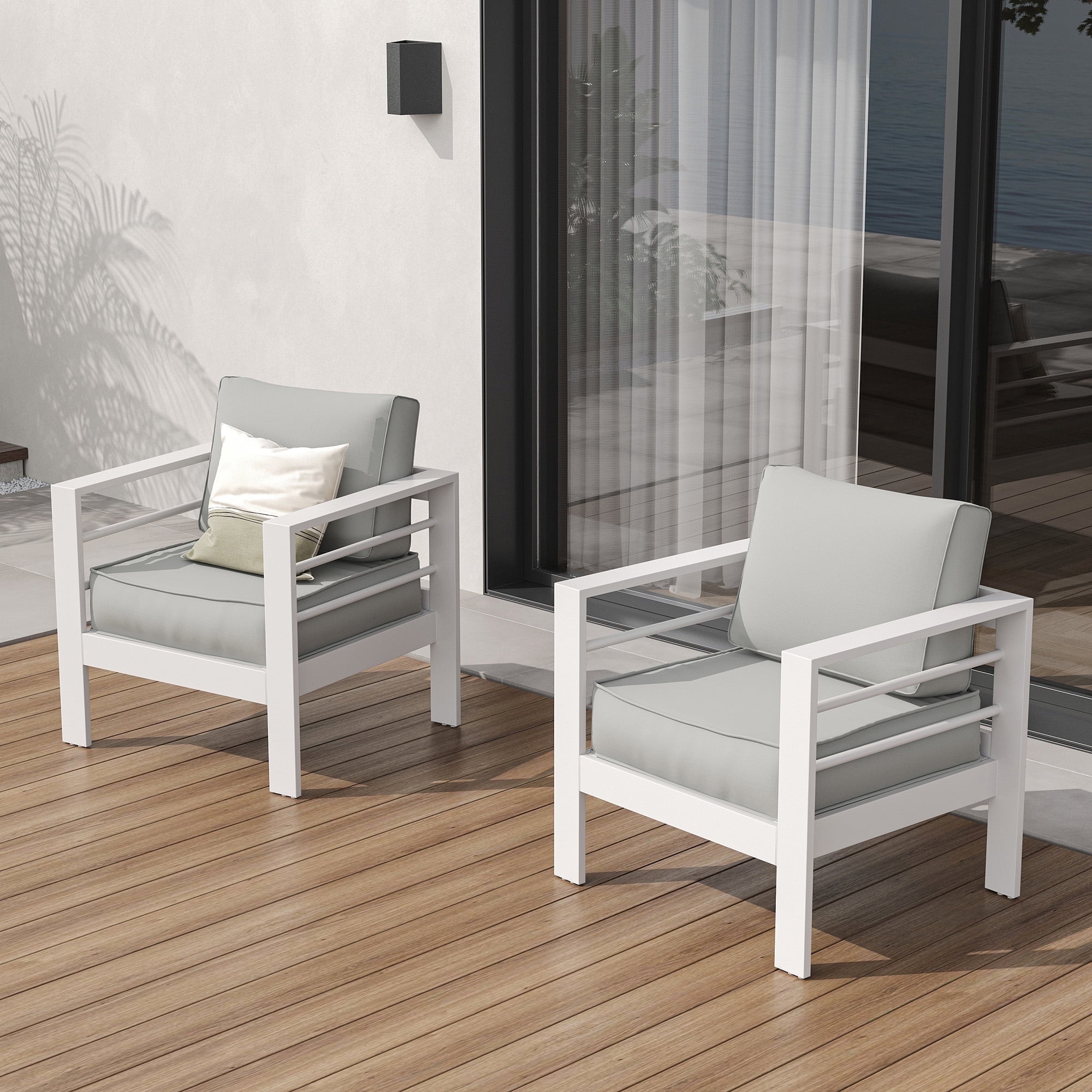 ECOPATIO Oversized Aluminum Patio Armchair, 2 PCS All-Weather Outdoor Modern Metal Single Sofa Chair w/ 5 Inch Cushions,White