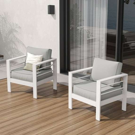 ECOPATIO Oversized Aluminum Patio Armchair, 2 PCS All-Weather Outdoor Modern Metal Single Sofa Chair w/ 5 Inch Cushions,White