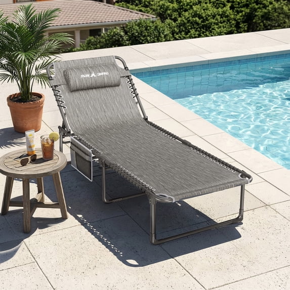 MRUAKA Outdoor Folding Chaise Lounge Chair, Heavy-Duty Portable Sun Lounger with 4 Adjustable Positions & Removable Pillow, Patio Beach Chair for Backyard, Poolside, Camping,Dark Grey