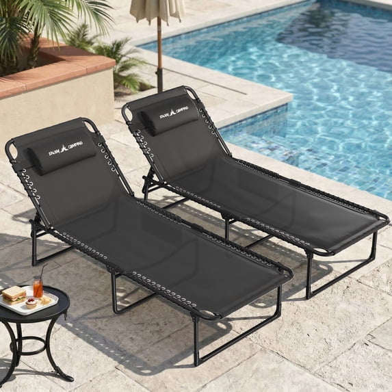 MRUAKA Outdoor Folding Chaise Lounge Chair, Heavy-Duty Portable Sun Lounger with Removable Pillow, Patio Beach Chair for Backyard, Poolside, Camping, Set of 2,Black