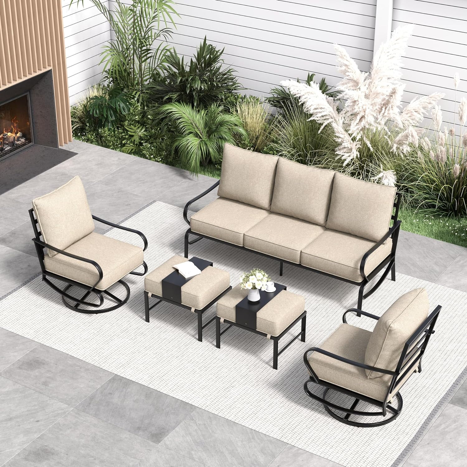 ECOPATIO Oversized Patio Furniture Set 5 Pieces Metal Outdoor Conversation Sets with 2 x Swivel Chair 2 x Ottoman 1 x 3 Seat Sofa and 5.75 Extra