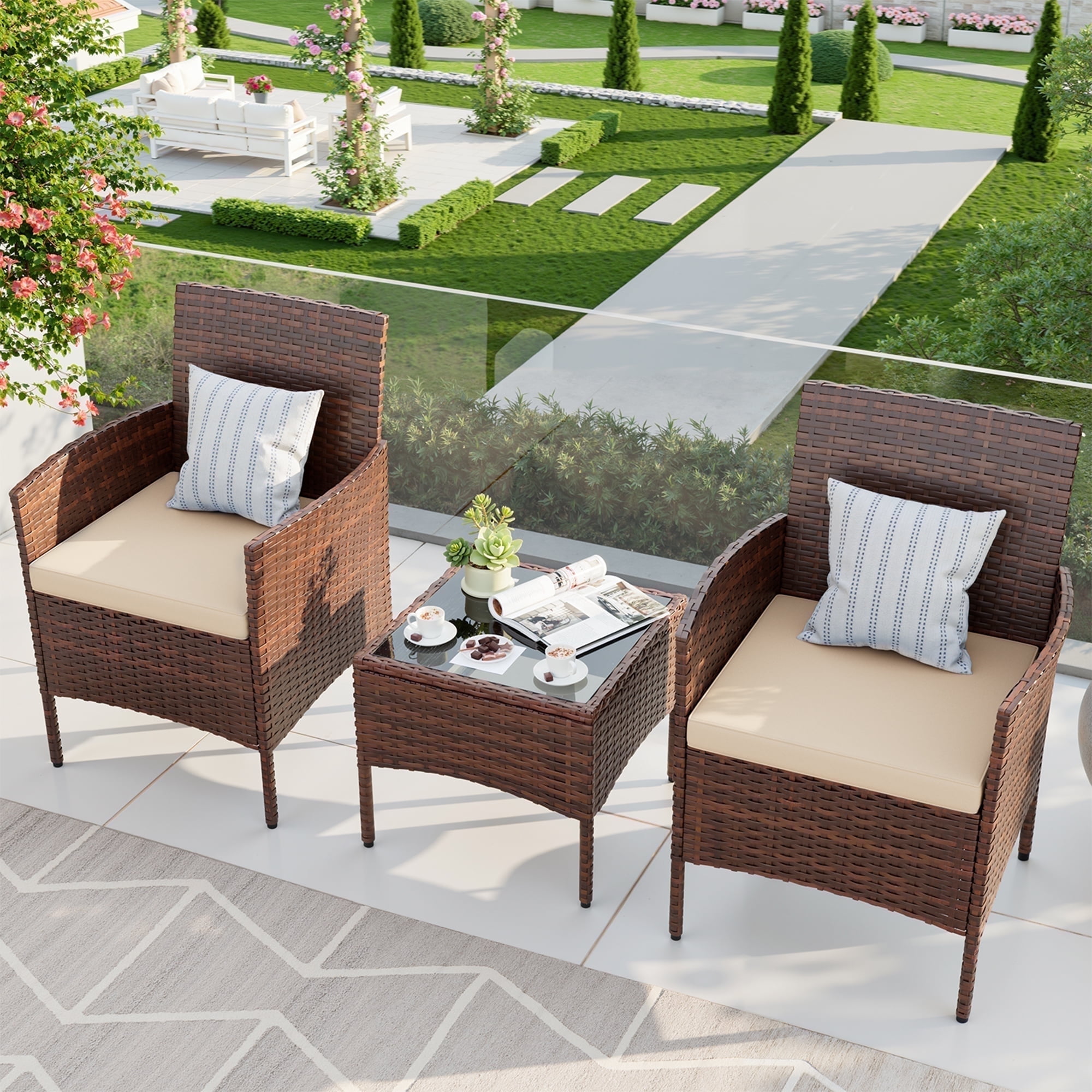 MRUAKA Patio Furniture Set 3 Pieces Porch Furniture Outdoor Wicker Patio Conversation Furniture Set for Backyard,Porch,Garden,Poolside and Balcony(Beige)