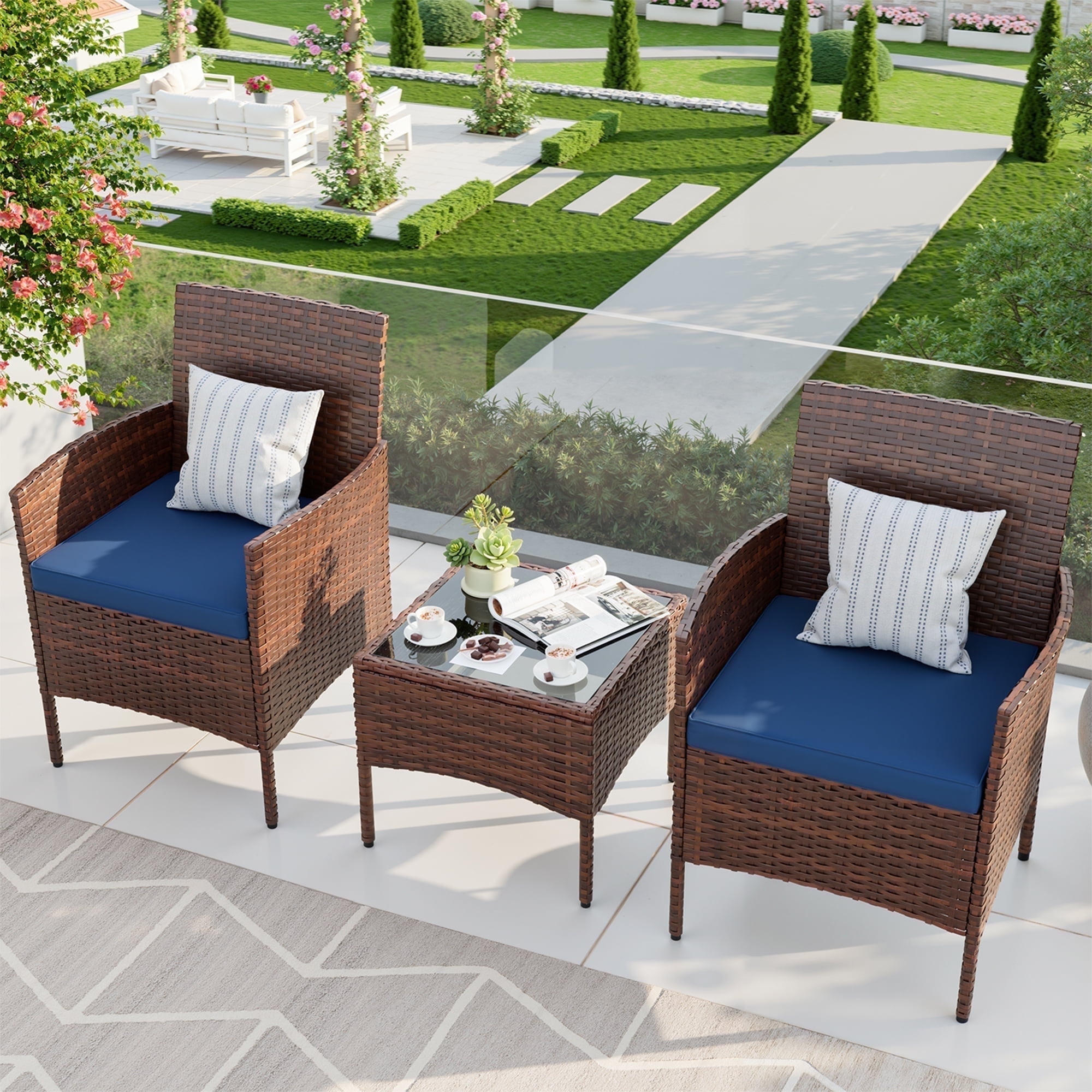 MRUAKA Patio Furniture Set 3 Pieces Porch Furniture Outdoor Wicker Patio Conversation Furniture Set for Backyard,Porch,Garden,Poolside and Balcony(Blue)