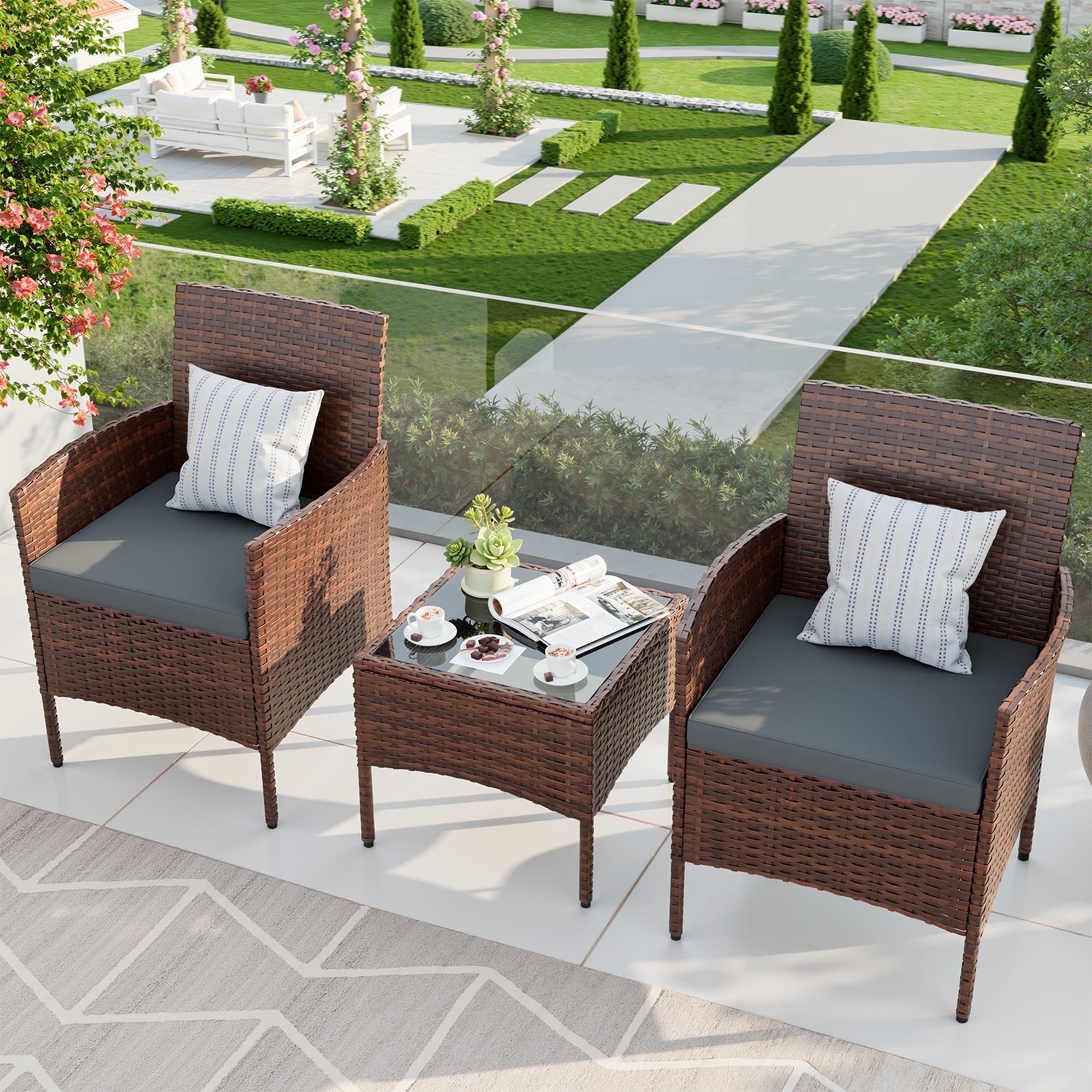 MRUAKA Patio Furniture Set 3 Pieces Porch Furniture Outdoor Wicker Patio Conversation Furniture Set for Backyard,Porch,Garden,Poolside and Balcony(Grey)