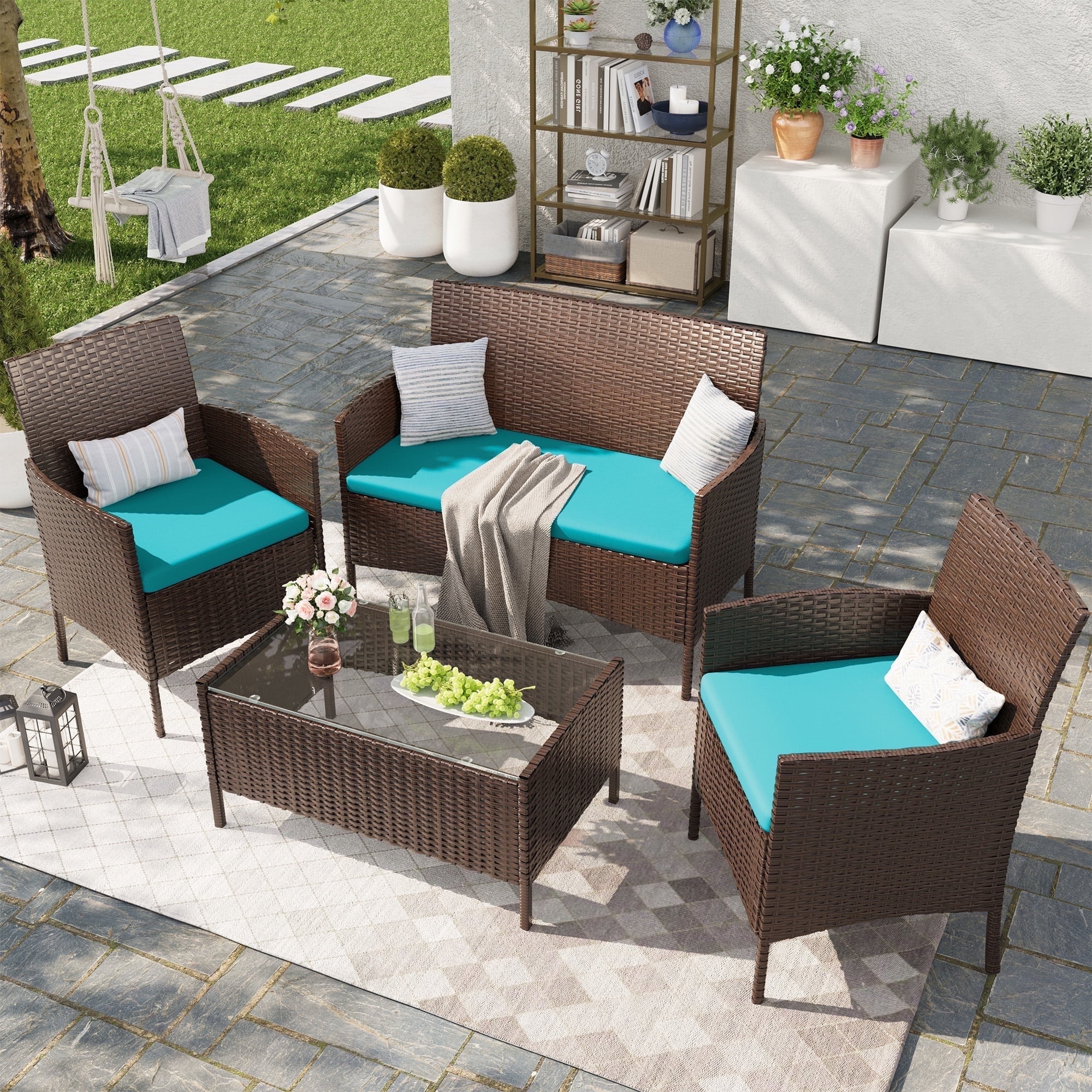 MRUAKA Patio Furniture Set 4 Pieces Porch Furniture Outdoor Modular Wicker Patio Sectional Conversation Furniture Set for Backyard,Porch,Garden,Poolside and Balcony(Turquoise)
