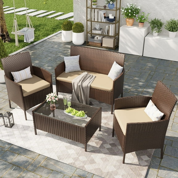 MRUAKA Patio Furniture Set 4 Pieces Porch Furniture Outdoor Modular Wicker Patio Sectional Conversation Furniture Set for Backyard,Porch,Garden,Poolside and Balcony(Beige)