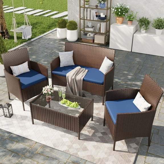 MRUAKA Patio Furniture Set 4 Pieces Porch Furniture Outdoor Modular Wicker Patio Sectional Conversation Furniture Set for Backyard,Porch,Garden,Poolside and Balcony(Blue)