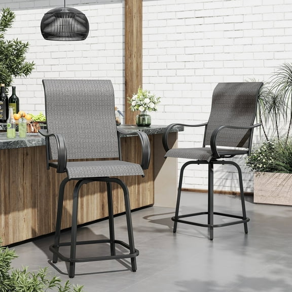 MRUAKA Patio Swivel Bar Stools Chair of 2, Outdoor Bar Height Set, All Weather High Back and Armrest Patio Stools & Bar Chairs for Backyard, Lawn Garden, Balcony and Pool, Dark Gray
