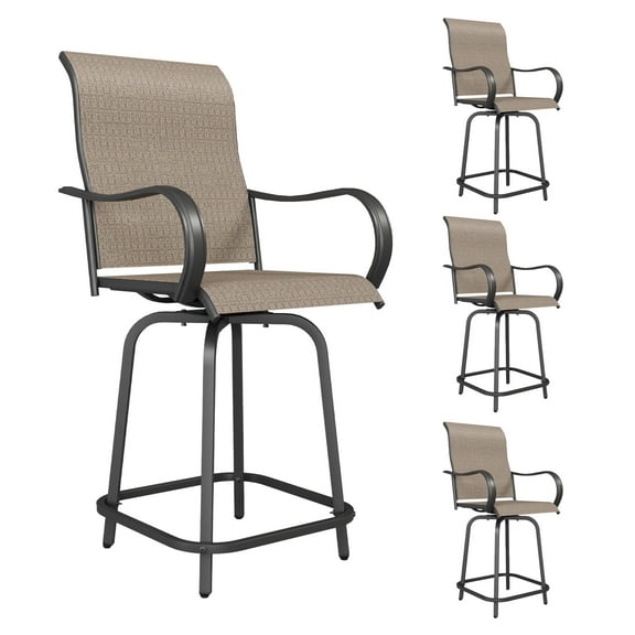 MRUAKA Patio Swivel Bar Stools Chair of 4, Outdoor Bar Height Set, All Weather High Back and Armrest Patio Stools & Bar Chairs for Backyard, Lawn Garden, Balcony and Pool, Brown