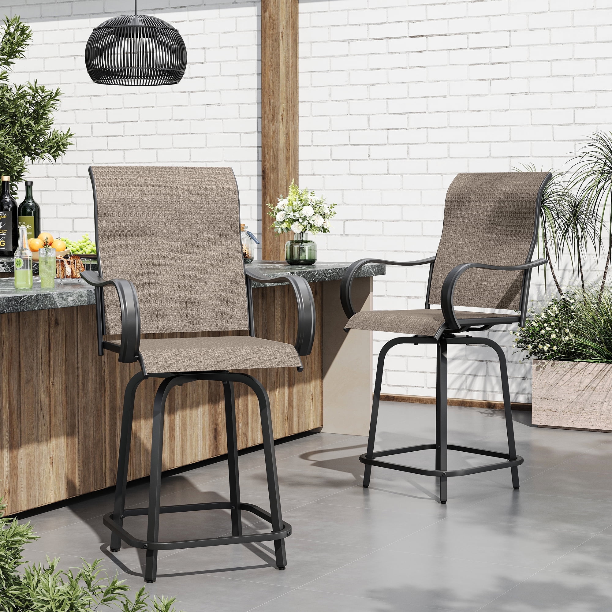 ECOPATIO Outdoor Swivel Bar Stools Set of 2, High Back & Armrest, All Weather, Brown