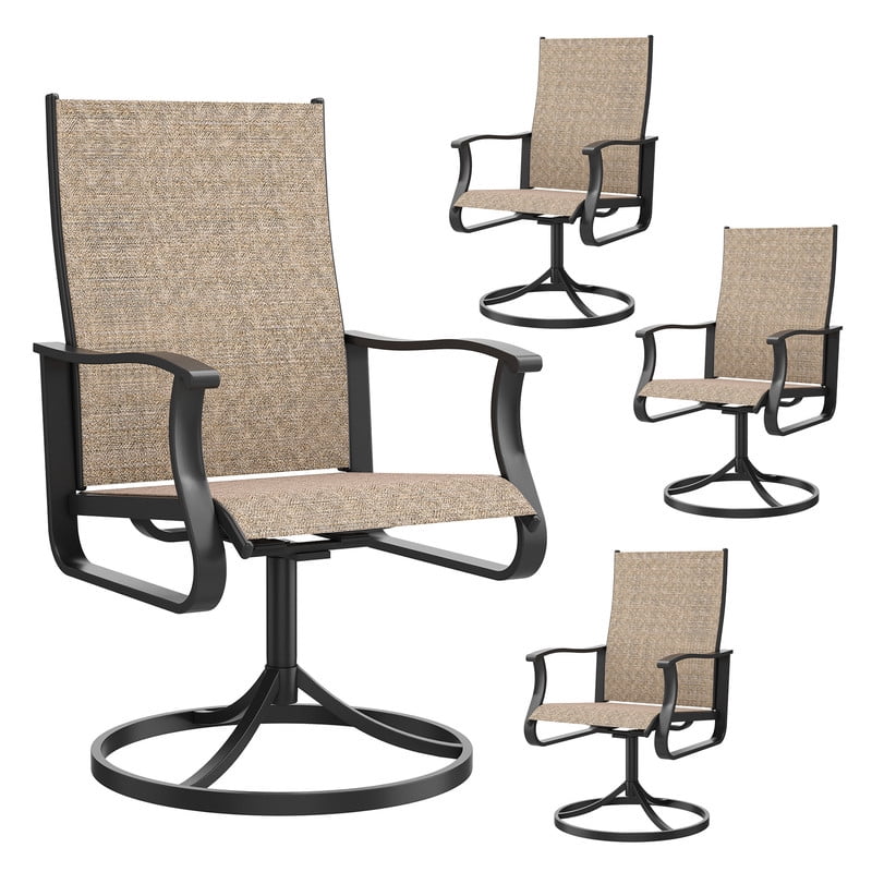 MRUAKA Patio Swivel Chairs Set of 4, Outdoor Dining Chairs Mid Back All Weather Breathable Textilene Outdoor Swivel Chairs with Metal Rocking Frame for Lawn Garden Backyard Deck, Khaki