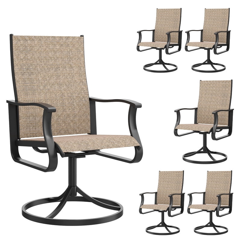 MRUAKA Patio Swivel Chairs Set of 6, Outdoor Dining Chairs Mid Back All Weather Breathable Textilene Outdoor Swivel Chairs with Metal Rocking Frame for Lawn Garden Backyard Deck, Khaki