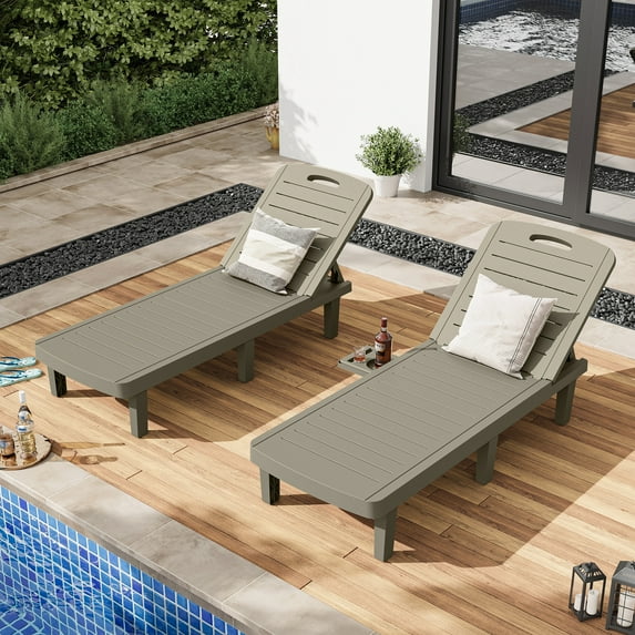 ECOPATIO Resin Adjustable Backrest and Cup Holder Outdoor Chaise Lounge - Set of 2