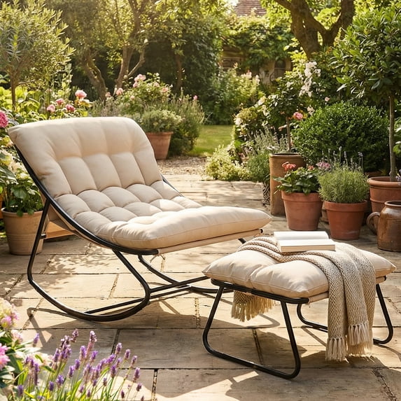 MRUAKA Outdoor Papasan Rocking Chair, Oversized Cushioned Lounge Chair with Ottoman and Sturdy Metal Frame, Patio Egg Rocker chair for Balcony Backyard Porch Bedroom, Beige