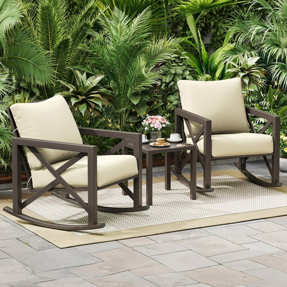 MRUAKA Rocking Chair Bistro Set,3 Piece Outdoor Patio Furniture Set with 2 Rockers and 1 Metal Coffee Table with Thick Cushions for Porch,Backyard,Poolside,Beige