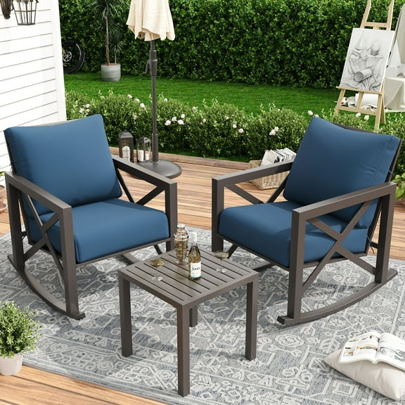 ECOPATIO Rocking Chair Bistro Set,3 Piece Outdoor Patio Furniture Set with 2 Rockers and 1 Metal Coffee Table with Thick Cushions for Porch,Backyard,Poolside,Blue