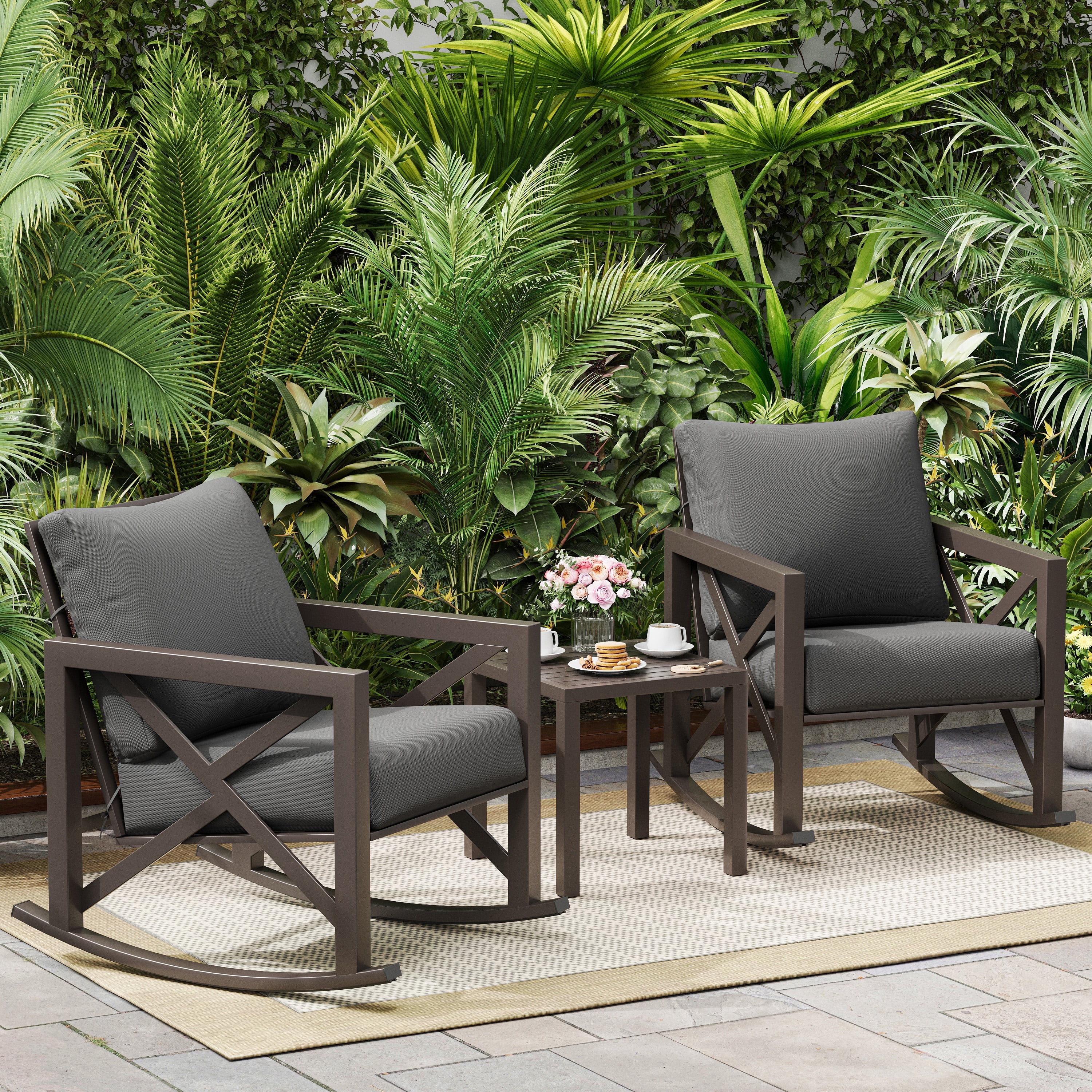 MRUAKA Rocking Chair Bistro Set,3 Piece Outdoor Patio Furniture Set with 2 Rockers and 1 Metal Coffee Table with Thick Cushions for Porch,Backyard,Poolside,Light Grey