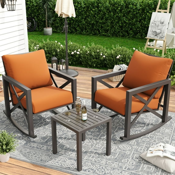 ECOPATIO Rocking Chair Bistro Set,3 Piece Outdoor Patio Furniture Set with 2 Rockers and 1 Metal Coffee Table with Thick Cushions for Porch,Backyard,Poolside,Orange