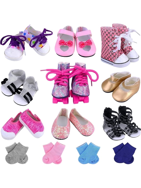 9 Pairs Shoes & 4 Pairs Socks for 18 inch Girl Doll Sandals, Casual, Canvas, Roller Skates