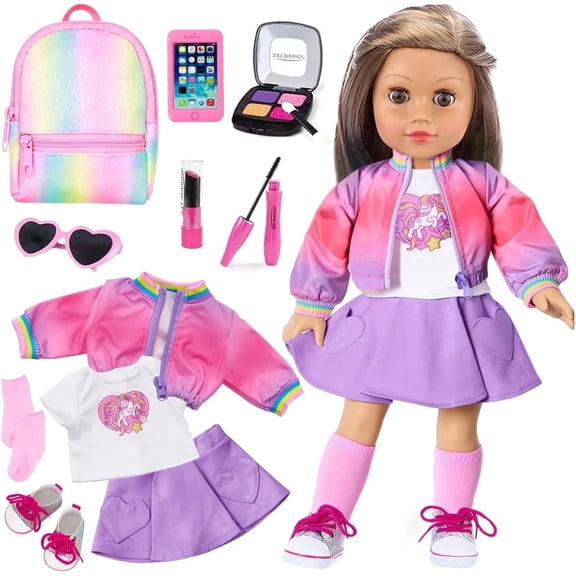 ECORELF American 18 inch Doll Clothes and Makeup Accessories Set - Rainbow Backpack  & Beauty Accessories for Pretend Play