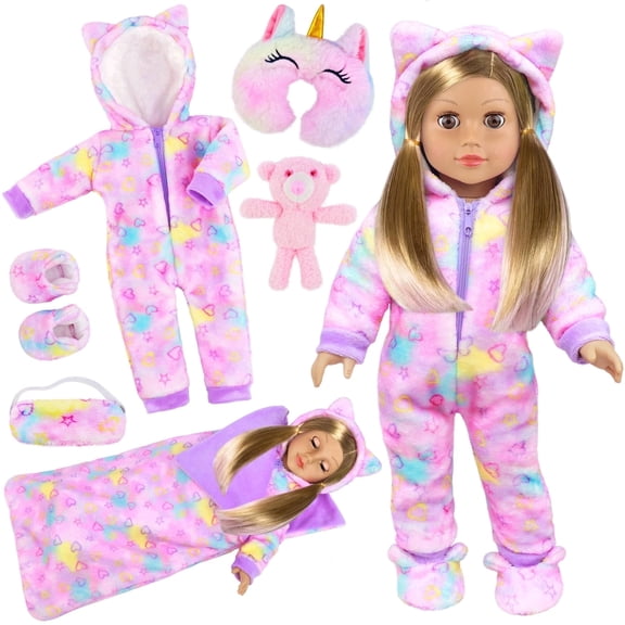 ECORELF 18 Inch Doll Clothes & Sleeping Bag Set – Accessories for Sleepovers, Travel & Pretend Play, Girl Gift (No Doll)