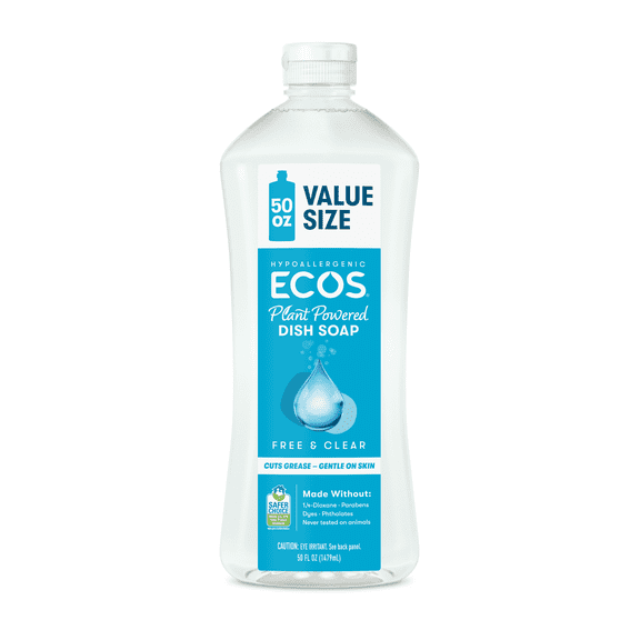 ECOS Hypoallergenic Liquid Dish Soap, Free & Clear 50oz Value Size