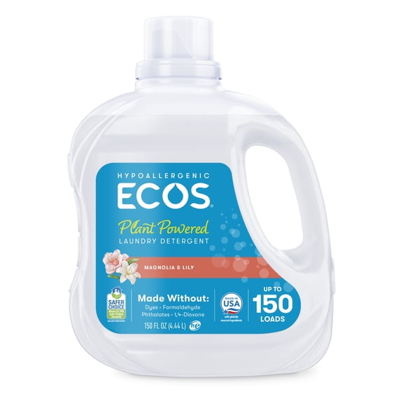 ECOS Hypoallergenic Liquid Laundry Detergent for Sensitive Skin, Magnolia Lily, 150 Loads, Laundry Soap, 150 Fl Oz