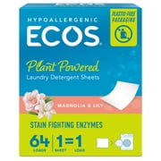 ECOS Hypoallergenic Laundry Detergent Sheets for Sensitive Skin, Magnolia & Lily, 64 ct