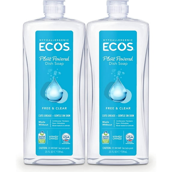 ECOS Hypoallergenic Liquid Dish Soap, Free & Clear, 25 Fluid Ounce (Pack of 2)