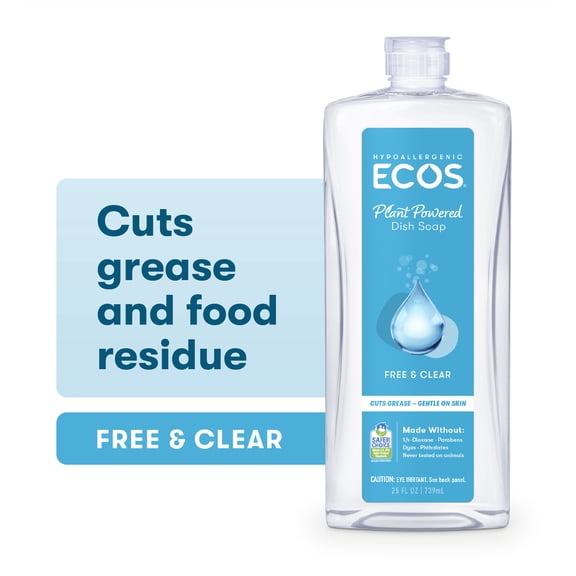 ECOS Hypoallergenic Dish Soap, Free and Clear, 25 Fl Oz
