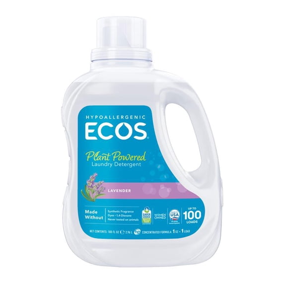 ECOS Hypoallergenic Liquid Laundry Detergent for Sensitive Skin, Lavender, 100 Loads, 100oz