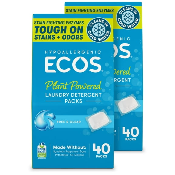 ECOS Laundry Detergent Packs, 80 Loads - 100% Plastic Free Packaging - Convenient No Mess Washing Soap Packs - Hypoallergenic for Sensitive Skin - Free & Clear