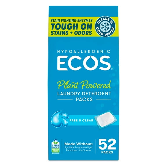 ECOS Hypoallergenic Laundry Detergent Packs for Sensitive Skin, Free & Clear, 52 Loads, Laundry Pods