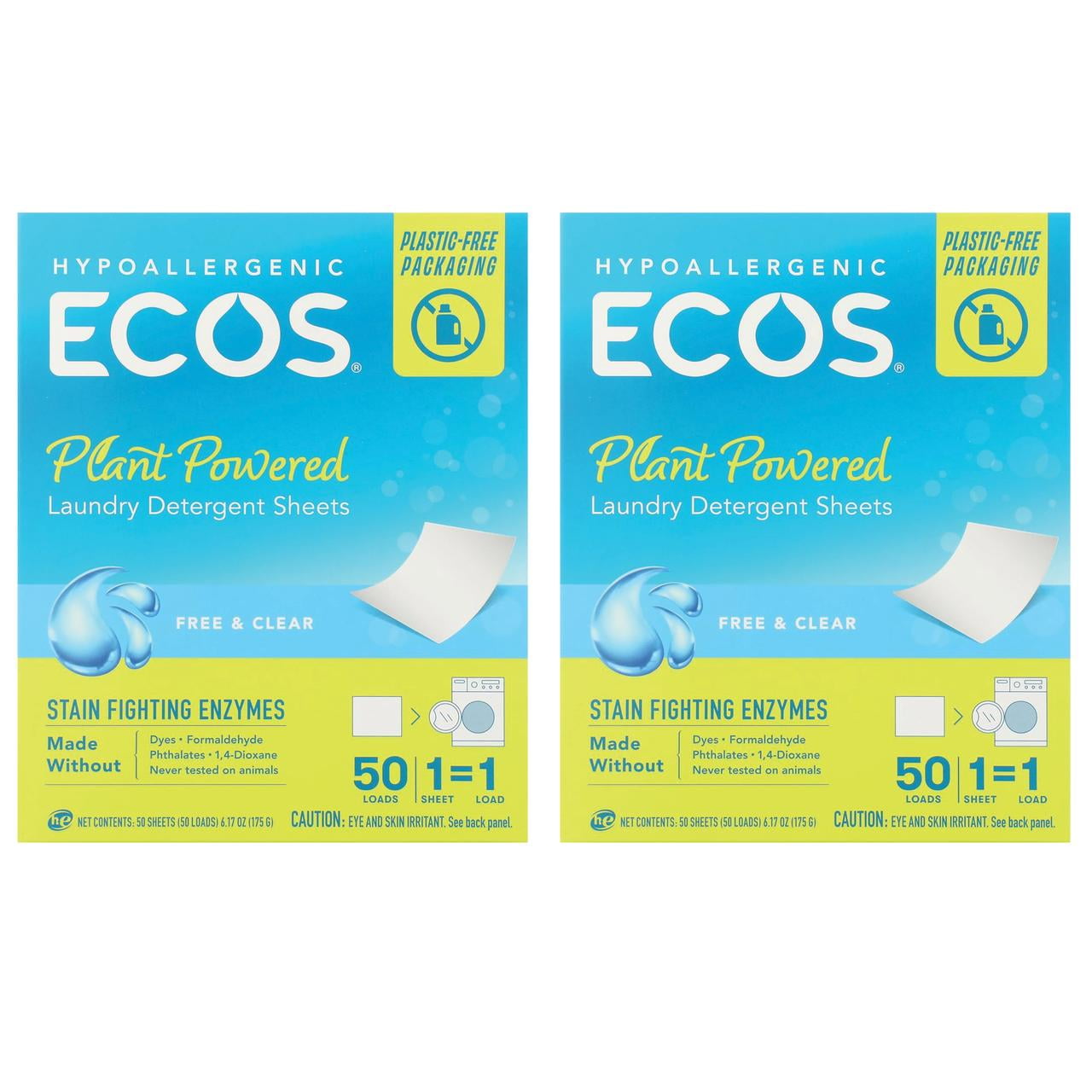 ECOS Laundry Detergent Sheets, Hypoallergenic, 50ct, Free & Clear, Pack of 2