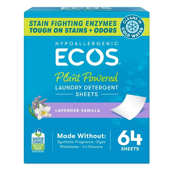 ECOS Laundry Detergent Sheets Vegan, No Plastic Jug, No Mess, Liquid Free - Hypoallergenic, Plant Powered Laundry Detergent Sheet - Lavender Vanilla - 64 Count (Pack of 1)