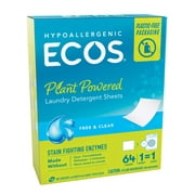 ECOS Laundry Detergent Sheets with Stain Fighting Enzymes, Free & Clear, 64 ct