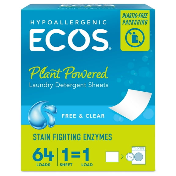 ECOS Hypoallergenic Laundry Detergent Sheets for Sensitive Skin, Free & Clear, 64 ct