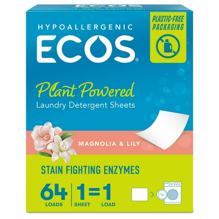 ECOS Hypoallergenic Laundry Detergent Sheets for Sensitive Skin, Magnolia & Lily, 64 ct