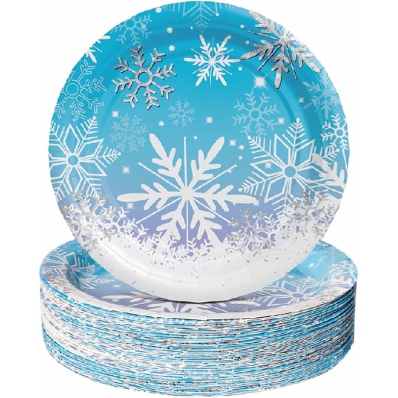 ECOS Paper plates, 7 Inch Winter Snowflake Theme Disposable Round Plate for Christmas Xmas Winter Wonderland Frozen-theme Party Supplies - 10 pack